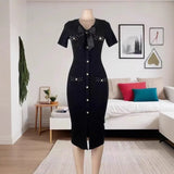 Fongt Small Fragrant Temperament V-Neck Bow Bow With Beads Button Opening Knitted Dress
