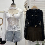 Explosion Real Shot Design Lace Ribbon Hollow Long Sleeve Top Sexy Slimming Bottom T-Shirt