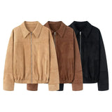 Fongt Women's 2025 New Retro Collar Imitation Leather Jacket Casual Coat