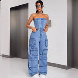 Fongt Women's Denim Cloth Jumpsuit Women's Fashion Babes Breasts Multi-Pocket Work Pants