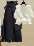 Women Summer korean two pieces set for women streetwear off the shoulder striped patchwork blouse and irregular mesh skirts