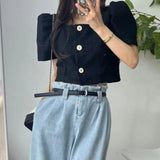Ropa Mujer Puff Short Sleeve Chaqueta Mujeres Square Collar Jacket Woman Single Breasted Jackets Spring Summer Outwears-Outfit