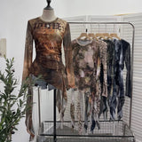 Real Shooting Babes Long Sleeves And Jersey Net Yarn Dye Printing Irregular Lotus Leaf Edge Ribbon Folding Top