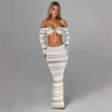 Fongt New Hottie Women's Suit Summer Striped Long-Sleeved Hanging Neck Top Skirt Two-Piece Women