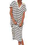 Fongt Summer Dress Women's V-Neck Stripe Low Slit Lapel Long Sweater Even-Outfit