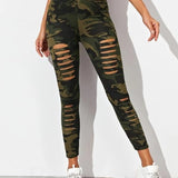 Skinny Camouflage Printed Ripped Stretch