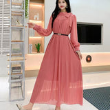Fongt 2025 New Sweet Bow Heavy Industry Waist Display Thin Folding Solid Color Chiffon Long Sleeve Dress