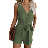 Color Jumpsuit Women's Summer Cotton Blend Casual V-neck Bow