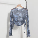 Solid Shot Tie Dyed Mesh Yarn Small Lequine Horn Long Sleeve Thin T-Shirt Drawstring With Short Repair Body Coat