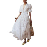 Fongt 2025 New Women's Wish Deep V Bubble Sleeve Lace