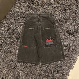 Y2k Denim Shorts Street Hip-Hop Retro Graphics Black Loose Gothic Men-Outfit