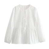 New Bow Knot Lock Color Loose Casual Shirt Blouse-Outfit