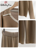 Knitted Sets Tracksuit Women V-Neck Long Sleeve Pullover High Waist Wide Leg Pants Casual 2 Piece Sets Womens Outfits-Outfit