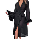 Fongt Summer New Simulation Silk Feather Long-Sleeved Pajamas Pyjamas Comfortable Tied Lady's