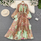 Quality Light Extravagant Lantern Long Sleeved Round Collar Waist Slim Single Breasted Printed Dress Elegant Long Skirt-Outfit