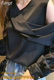 Slim Women Off-Shoulder Long Sleeve Chiffon Blouse Autumn 2023 Elegant Satin shirt Solid OL Tops Chemisier Femme