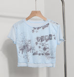 Vintage Wood Ear-Print Letter-Printing Mesh T-Shirt Summer Thin Short-Navel Blouse