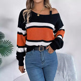 Shooting Autumn And Winter Casual Striped Striped Lantern Sleeve Metal Buckle Shoulder Cover Sweater Women's