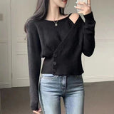 Autumn New Chi Design Feels Irregular And Fake Two Three-Button Waist Knitted Sweaters-Outfit