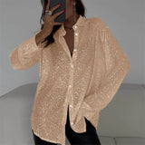 Fongt 2025 New Pearl Blouse Collared Long-Sleeved Sleeve-Jersey Basic Women's Shirt