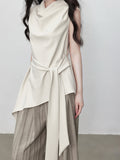 Fongt Texture Sleeveless Top Summer New T-Shirt With Waist Design Temperament White T-Shirt Women + Striped Pants