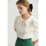 Polo Collar Women's T-shirt Loose Short-sleeved Knitted Sweater Office Lady Commute Solid Color Female Tops Summer