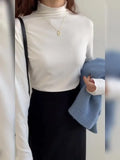 Edge Long-Sleeved Blouse 2023 Early Spring New Women's T-Shirt White Threaded High-Neck Bottomed