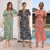 Fongt Fresh And Sweet Wind Print V-Neck A Word Long Dress 23025-Outfit