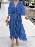 Fongt New Women's Solid Color With Long Skirt Bat Sleeve Irregular Dress Large