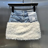 Faux Fur Trim Denim Mini Skirt-Outfit
