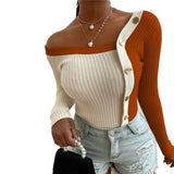 Fashion Elegant Knitted Tops Long Sleeve Off Shoulder Sexy Casual Slim Buttons Top Femme Ladies Solid Sweaters Fall