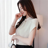 Fongt Jacket Apricot Short Sleeve Small Shirt New Petal Sleeve Ribbon Half Turtleneck Chiffon Shirt Female Summer-Outfit