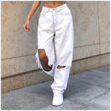 Loose Broken Hole Fashion Jeans Pants Women-Outfit