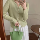 Gentle Style Sweater Spring And Autumn New Solid Color Gold Button V Neckline Sweater Cardigan Short Outer Coat-Outfit