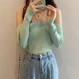 Girls Hanging Cross Hanfeng Ins Heart Temperament Words Collared Shoulder-To-Shoulder Knitting Thin Blouse White