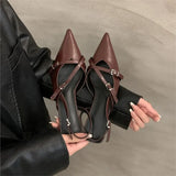 Fongt Women 2025 Spring And Summer New Retro Pointed Finger-Point Fine Heel Belt Buckle Single Shoes With Skirt Sandals