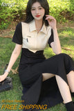 Sleeve Dress Women Summer Retro Tender French Style High Waist Design Patchwork Side-slit Elegant Chic Office Lady New