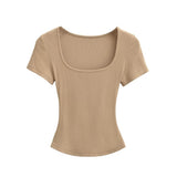 Trend Spice Girls Basic Style Large U-Neck Straight Shoulder Short-Sleeved T-Shirt Slim And Elastic Blouse-Outfit