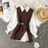 Fongt Design Sense Slit Knit Vest Shirt Foreign Style Reduced Age Two Suit Spring New White Shirt Jacket Female-Outfit