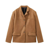 Fongt Casual Clip Jacket Brown Solid Color Single-Sleeve-Buckle Suede Jacket