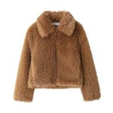 Brown Furry Turn Down Collar Long Sleeve Jacket-Outfit