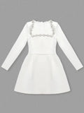 Square Collar Diamond Long Sleeves White Mini Dress-Outfit