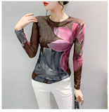 Autumn Winter Double-Layer Mesh T-shirt Female Printing Positioning Flower Long Sleeved Round Neck Slim Top FF0923-Outfit