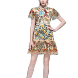 2020 Fashion Runway Summer Dress Women's Flare Sleeve Floral Embroidery Elegant Mesh Hollow Out Midi