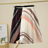Fashion Patchwork Striped Print Pleated Skirt Elegant Office Lady Commute All-match Elastic High Waist Tulle Midi Skirts-Outfit