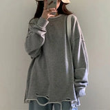 Long sleeve Hole Tops Female Grey Pullovers New Autumn winter thin Cotton long Women sweatshirt oversized solid