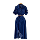 Fongt Luxury Famous Feudal High-Level Feeling Polo Collar Denim Dress Women Summer Fork Belt Design Niche Temperament Dress