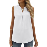 Solid Color Chiffon Leisure Shirt Loose V-neck Pullover Sleeveless Top