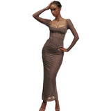 Fongt 2024 New Long-Sleeved Sling Temperament Show Back Tight Open Fork Long Dress