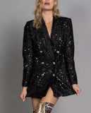 Fongt Fashion V-Neck Temperament Blazer Double-D Row Black Brighten Long